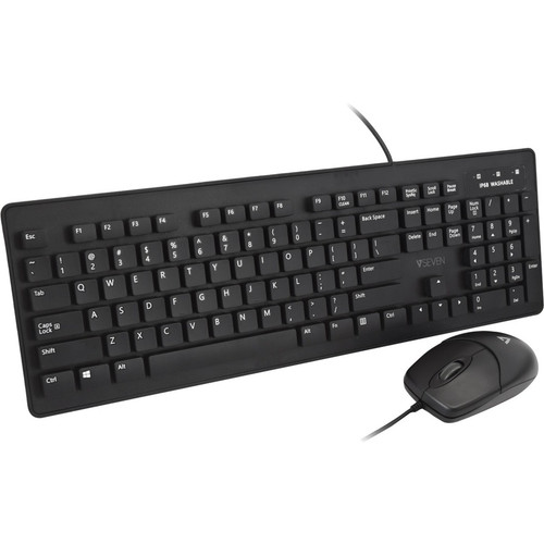 V7 Washable Antimicrobial Keyboard & Mouse Combo - USB Cable - English (US) - Black - USB Cable Mouse - Optical - Black - Compatible (Fleet Network)