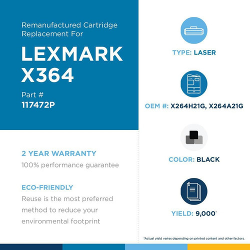 Compatible Clover Technologies 117472P CIG Remanufactured High Yield Black Laser Toner Cartridge for Lexmark X264/X363/X364 - 9000 Pages