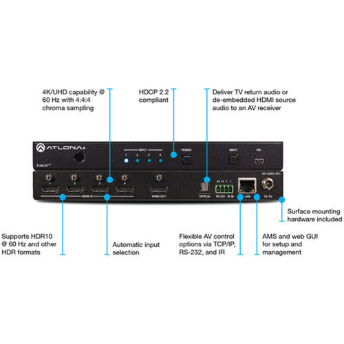 Atlona 4K HDR Four-Input HDMI Switcher - 4096 x 2160 - 4K - 4 x 1 - DVR Blu-ray Disc Player TV Projector Media Player Notebook - AT-JUNO-451
