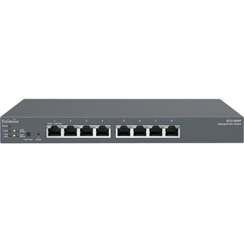 EnGenius Cloud Managed 55W PoE 8 Port Network Switch - 8 Ports - Manageable - 3 Layer Supported - Twisted Pair - Wall Mountable - 2 ECS1008P