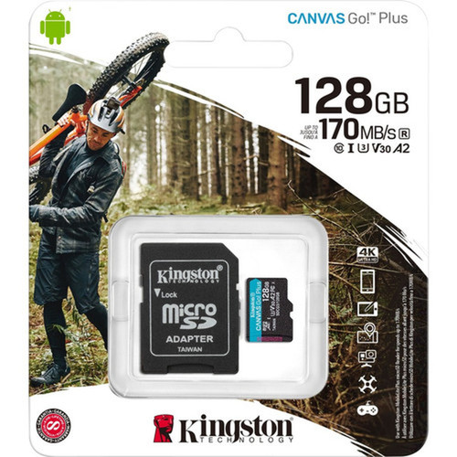 Kingston Canvas Go Plus 128 GB Class 10UHS-I U3 V30 microSDXC - 170 MBs Read - 90 MBs Write - Lifetime Warranty SDCG3128GBCR