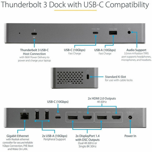 StarTechcom Thunderbolt 3 Dock wUSB-C Host Compatibility - Dual 4K 60Hz DP 14 or HDMI TB3USB-C Docking Station - 1x 8K - 96W - 3 - TB3CDK2DH