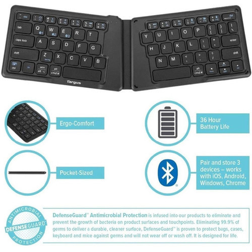 Targus Ergonomic Foldable Bluetooth Antimicrobial Keyboard - Wireless Connectivity - BluetoothRF - 240 GHz - ChromeOS - English US AKF003US