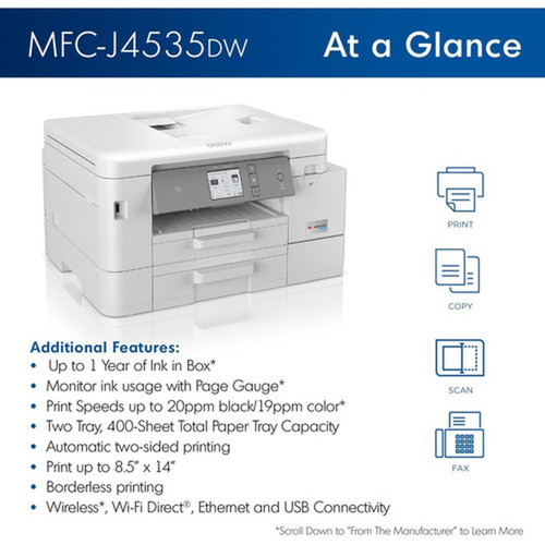 MFC-J4535DW INKvestment Tank All-in-One Multifunction Colour Inkjet Printer - CopierFaxPrinterScanner - 4800 x 1200 dpi Print - - - MFCJ4535DW