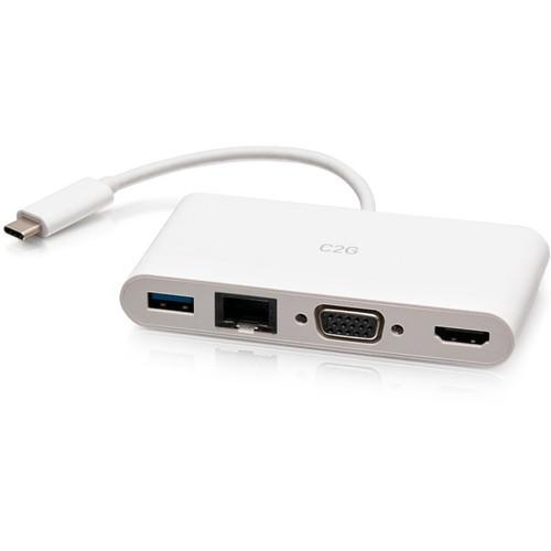 C2G USB C to HDMI, VGA, USB A & RJ45 Adapter - 4K 30Hz - White - for Notebook/Tablet PC - USB 3.1 Type C - 4K, Full HD - 3840 x 2160, (Fleet Network)