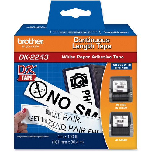 Brother DK2243 Continuous Length Paper Labels - 4" Width x 100 ft Length - Direct Thermal - White - Paper - 1 / Box (Fleet Network)