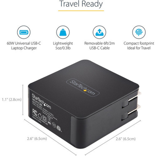 StarTechcom USB C Wall Charger 60W PD with 6ft2m Cable Portable USB Type C Laptop Charger Universal Adapter USB IFETL Certified WCH1CBK