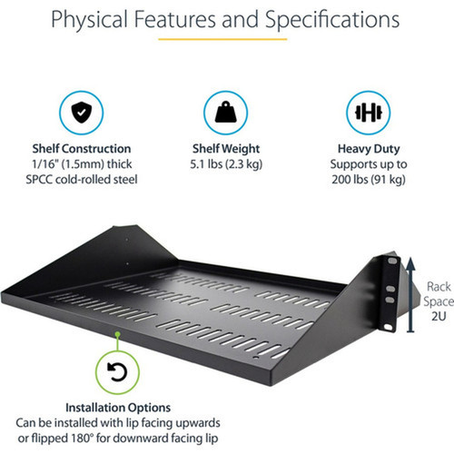 StarTechcom 2U Vented Server Rack Shelf - Center Mount Fixed 14 Deep Cantilever Rackmount Tray for 19 DataAVNetwork wCage Nuts - SHELF-2U-14-CENTER-V