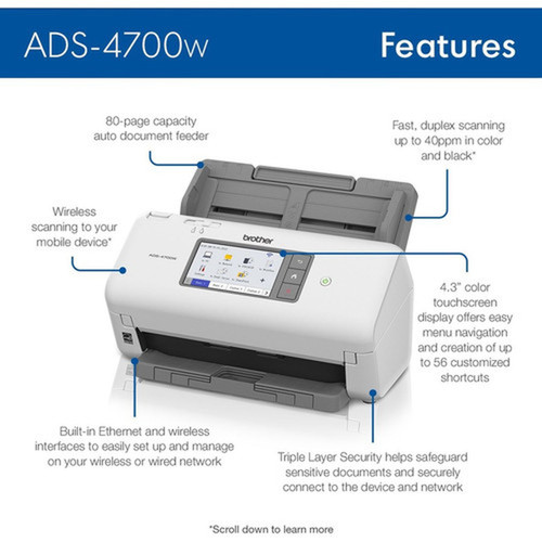 Brother ADS-4700W Sheetfed Scanner - 600 x 600 dpi Optical - 48-bit Color - 40 ppm Mono - 40 ppm Color - Duplex Scanning - USB ADS4700W