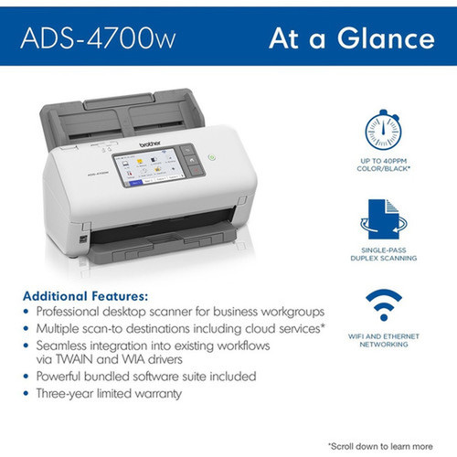 Brother ADS-4700W Sheetfed Scanner - 600 x 600 dpi Optical - 48-bit Color - 40 ppm Mono - 40 ppm Color - Duplex Scanning - USB ADS4700W