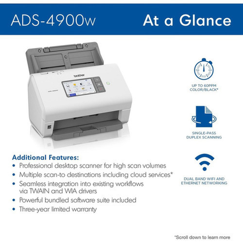 Brother ADS-4900W Sheetfed Scanner - 600 x 600 dpi Optical - 48-bit Color - 60 ppm Mono - 60 ppm Color - Duplex Scanning - USB ADS4900W