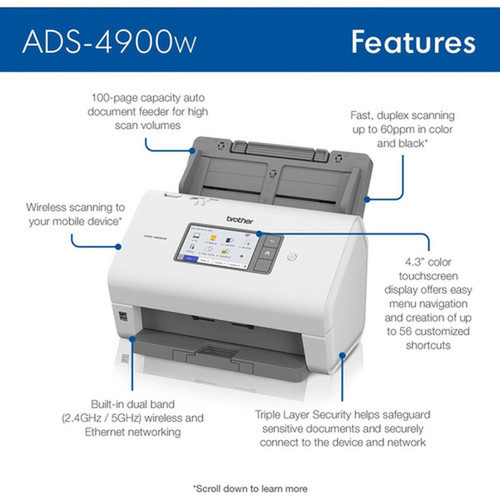 Brother ADS-4900W Sheetfed Scanner - 600 x 600 dpi Optical - 48-bit Color - 60 ppm Mono - 60 ppm Color - Duplex Scanning - USB ADS4900W