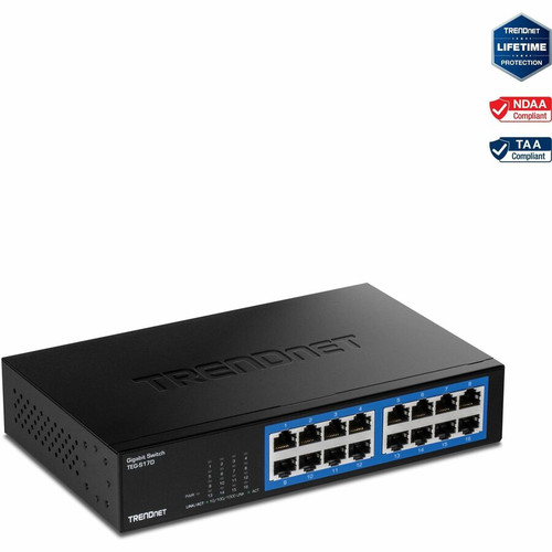TRENDnet 16-Port Gigabit Desktop Switch - 16 Ports - Gigabit Ethernet - 1000Base-T - TAA Compliant - 2 Layer Supported - 9.19 W Power (Fleet Network)