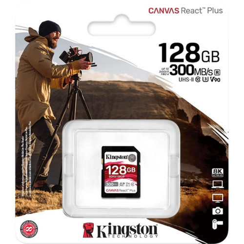 Kingston Canvas React Plus SDR2 128 GB Class 10UHS-II U3 V90 SDXC - 300 MBs Read - 260 MBs Write - Lifetime Warranty SDR2128GB