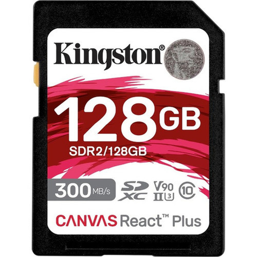 Kingston Canvas React Plus SDR2 128 GB Class 10UHS-II U3 V90 SDXC - 300 MBs Read - 260 MBs Write - Lifetime Warranty SDR2128GB