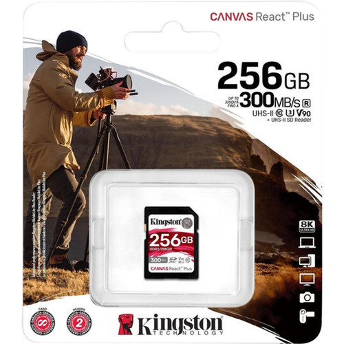 Kingston Canvas React Plus SDR2 256 GB Class 10UHS-II U3 V90 SDXC - 300 MBs Read - 260 MBs Write - Lifetime Warranty SDR2256GB