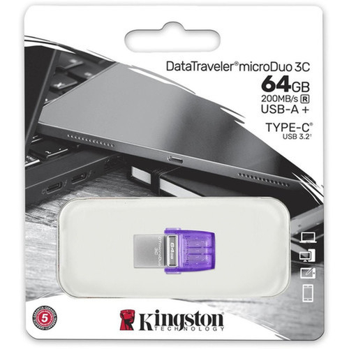 Kingston DataTraveler microDuo 3C USB Flash Drive - 64 GB - USB 32 Gen 1 Type C USB 32 Gen 1 Type A - 200 MBs Read Speed - - 5 DTDUO3CG364GB