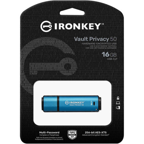 IronKey Vault Privacy 50 Series 16GB USB 32 Gen 1 Type A Flash Drive - 16 GB - USB 32 Gen 1 Type A - 250 MBs Read Speed - 180 - IKVP5016GB