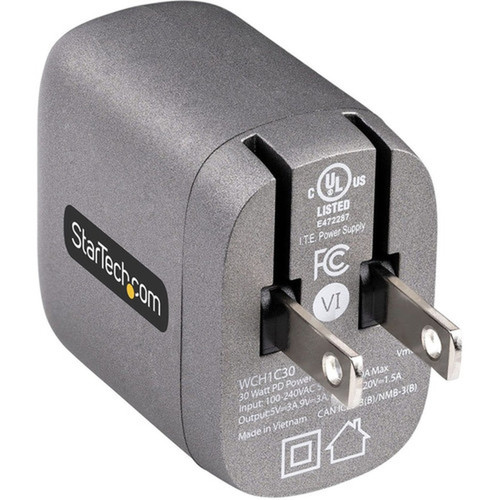 StarTechcom 30W USB-C Wall Charger Portable GaN Charger w USB Power Delivery Fast Charging USB-IF Certified 6ft Cable USB-C - 1 WCH1C30
