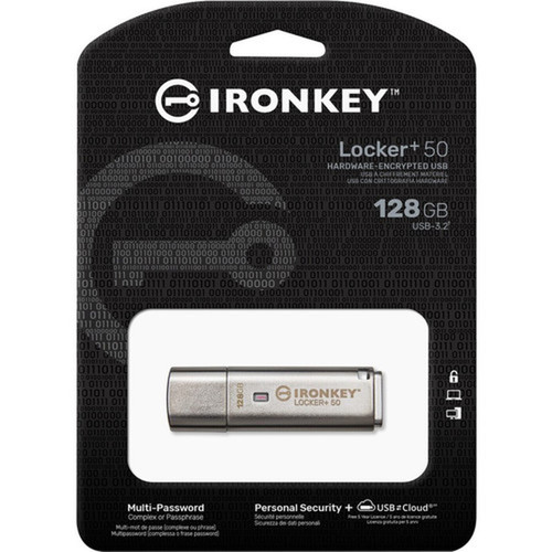 IronKey Locker 50 USB Flash Drive - 128 GB - USB 32 Gen 1 Type A - 145 MBs Read Speed - 115 MBs Write Speed - Silver - XTS-AES IKLP50128GB