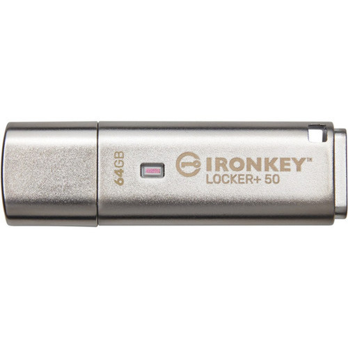 IronKey Locker 50 USB Flash Drive - 64 GB - USB 32 Gen 1 Type A - 145 MBs Read Speed - 115 MBs Write Speed - Silver - XTS-AES - IKLP5064GB