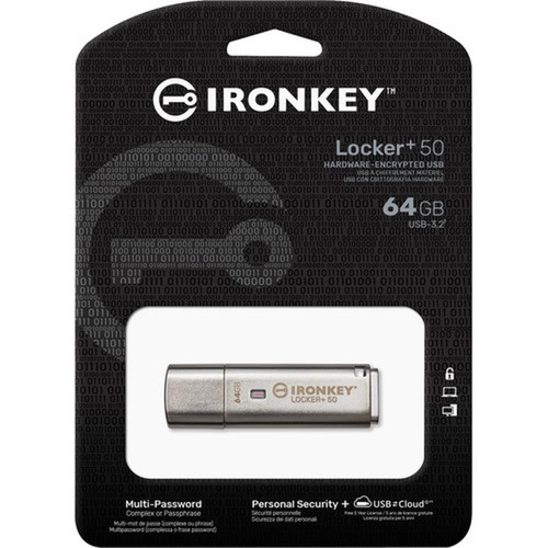IronKey Locker 50 USB Flash Drive - 64 GB - USB 32 Gen 1 Type A - 145 MBs Read Speed - 115 MBs Write Speed - Silver - XTS-AES - IKLP5064GB