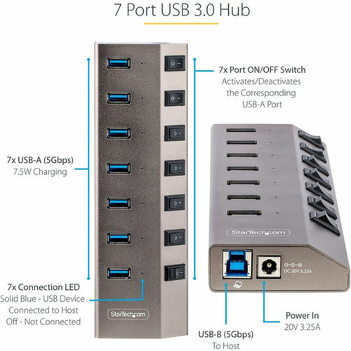 StarTechcom 7-Port Self-Powered USB-C Hub with Individual OnOff Switch DesktopLaptop USB-C to USB-A Hub USB Type C Hub wPower - 5G7AIBS-USB-HUB-NA