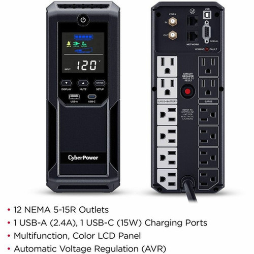 CyberPower Intelligent LCD UPS CP1500AVRLCD3 1500VA Mini-tower UPS - Mini-tower - AVR - 8 Hour Recharge - 3 Minute Stand-by - 120 V AC CP1500AVRLCD3