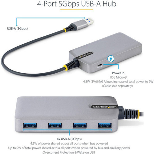 StarTechcom 4-Port USB Hub USB 30 5Gbps Bus Powered USB-A to 4xA w Optional Auxiliary Power Portable Laptop USB Hub 1ft30cm - 5G4AB-USB-A-HUB