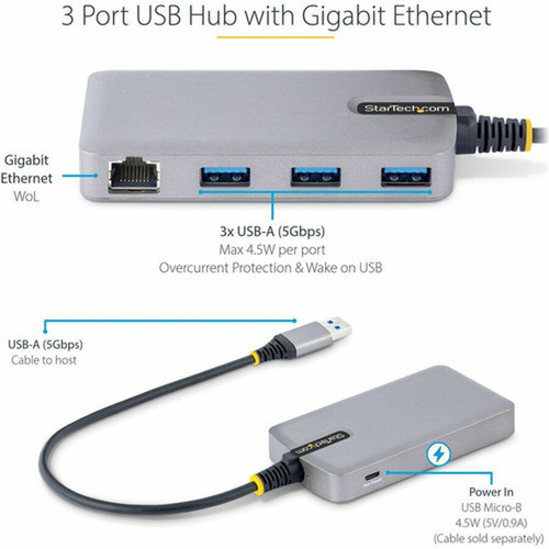 StarTechcom 3-Port USB Hub with Ethernet USB-A Ports Gigabit EthernetGbE 5Gbps Bus-Powered 1ft30cm Cable Portable Laptop USB 5G3AGBB-USB-A-HUB