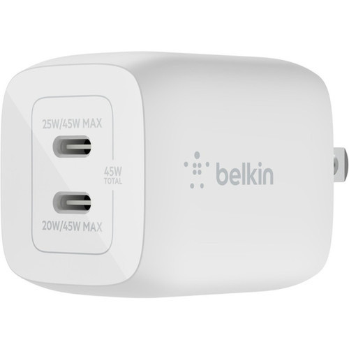 Belkin BoostCharge Pro Dual USB-C GaN Wall Charger with PPS 45W Laptop Chromebook Charging - Power Adapter - 45 W WCH011DQWH