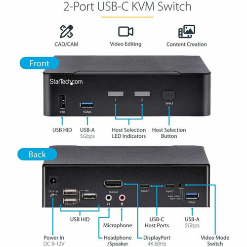 StarTechcom USB-C KVM Switch 2 Port DisplayPort KVM w 4K 60Hz UHD HDR Video 35mm Audio USB Type-C KVM Switch 6x USB Hub Ports SV231DPUCA