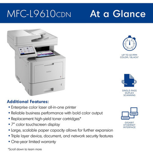 Brother MFC-L9610CDN Laser Multifunction Printer - Color - CopierFaxPrinterScanner - 42 ppm Mono42 ppm Color Print - 2400 x 600 - MFCL9610CDN