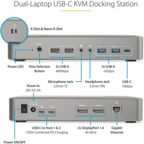 StarTechcom Dual-Laptop USB-C KVM Docking Station Dual Monitor 4K 60Hz DisplayPort KVM Dock 5x USB Hub GbE 90W45W PD - KVM Dock 129N-USBC-KVM-DOCK