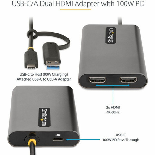 StarTechcom USB-C to Dual-HDMI Adapter USB-CA to 2x HDMI 4K 60Hz 100W PD Pass-Through 1ft30cm Built-in Cable USB to HDMI - 1 - 109B-USBC-HDMI