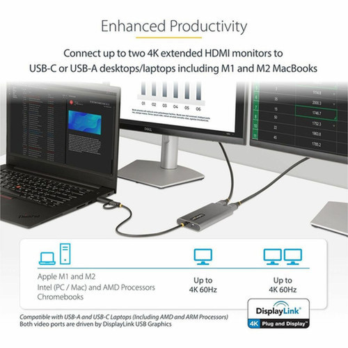 StarTechcom USB-C to Dual-HDMI Adapter USB-CA to 2x HDMI 4K 60Hz 100W PD Pass-Through 1ft30cm Built-in Cable USB to HDMI - 1 - 109B-USBC-HDMI