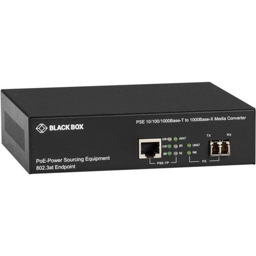 Black Box 101001000B-T PoE PSE To 1000B-X Media Converter - Network RJ-45 - 1x PoE RJ-45 Ports - 1 x LC Ports - DuplexLC Port - LPS500A-MM-LC-R3