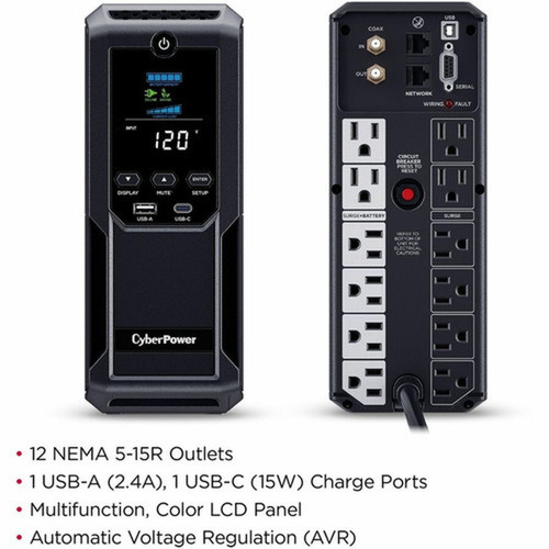 CyberPower Intelligent LCD UPS CP1350AVRLCD3 1350VA Mini-tower UPS - Mini-tower - AVR - 8 Hour Recharge - 4 Minute Stand-by - 120 V AC CP1350AVRLCD3