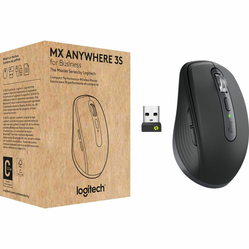 Logitech MX Anywhere 3S for Business - Wireless Mouse - Darkfield - Wireless - Bluetooth - Rechargeable - Graphite - USB Type C - 8000 (Fleet Network)