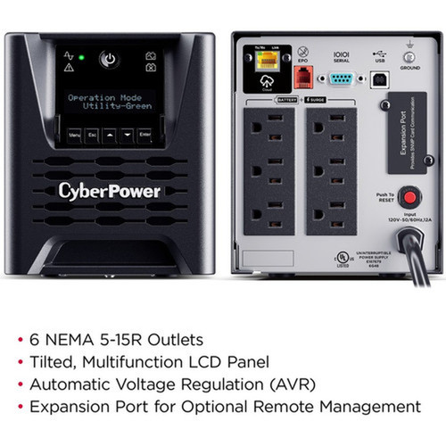 CyberPower Smart App Sinewave 750VA Mini-tower UPS - Mini-tower - AVR - 8 Hour Recharge - 330 Minute Stand-by - 120 V AC Input - 120 PR750LCD3C