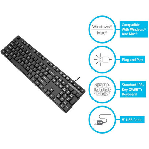 Targus USB Wired Keyboard - Cable Connectivity - USB Interface - 104 Key - QWERTY Layout - PC Mac - Black AKB30US