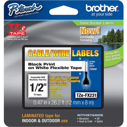 Brother Flexible Cable/Wire TZe ID Tape - 15/32" Width x 26 1/5 ft Length - Removable Adhesive - Rectangle - Thermal Transfer - White (Fleet Network)