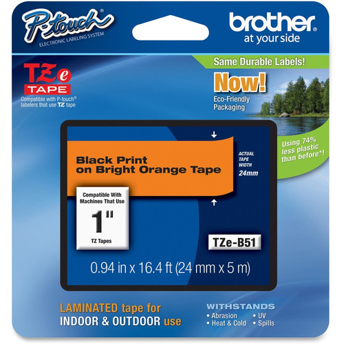 Brother P-touch TZe 1" Laminated Lettering Tape - 15/16" Width - Direct Thermal - Fluorescent Orange - 1 Each - Water Resistant - Fade (Fleet Network)