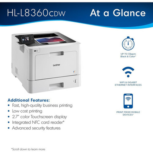 Brother HL HL-L8360CDW Desktop Laser Printer - Color - 33 ppm Mono  33 ppm Color - 2400 x 600 dpi class - Automatic Duplex Print - - HLL8360CDW