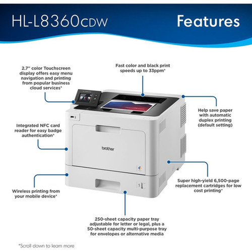 Brother HL HL-L8360CDW Desktop Laser Printer - Color - 33 ppm Mono  33 ppm Color - 2400 x 600 dpi class - Automatic Duplex Print - - HLL8360CDW