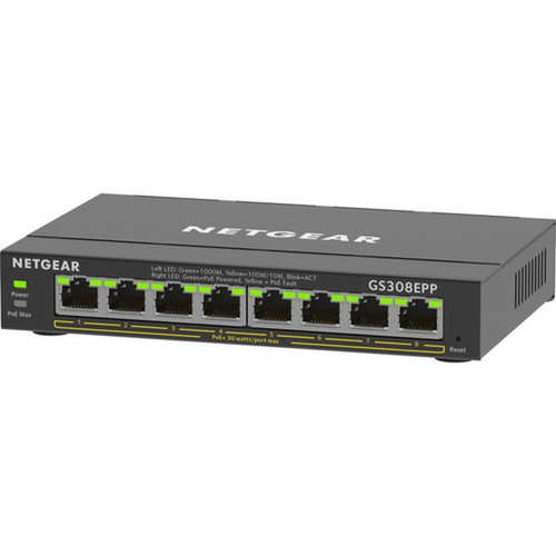 Netgear 8-Port Gigabit Ethernet PoE Smart Managed Plus Switch - 8 Ports - Manageable - 2 Layer Supported - 123 W PoE Budget - Twisted GS308EPP-100NAS