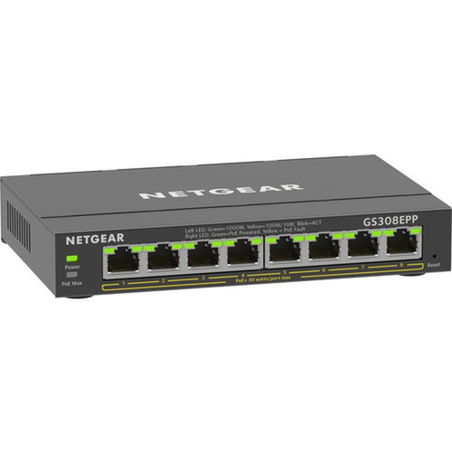Netgear 8-Port Gigabit Ethernet PoE Smart Managed Plus Switch - 8 Ports - Manageable - 2 Layer Supported - 123 W PoE Budget - Twisted GS308EPP-100NAS