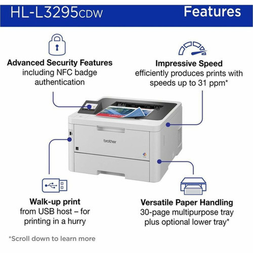 Brother HL-L3295CDW Desktop Wireless Laser Printer - Color - 31 ppm Mono  31 ppm Color - 2400 x 600 dpi class - Automatic Duplex - - HLL3295CDW