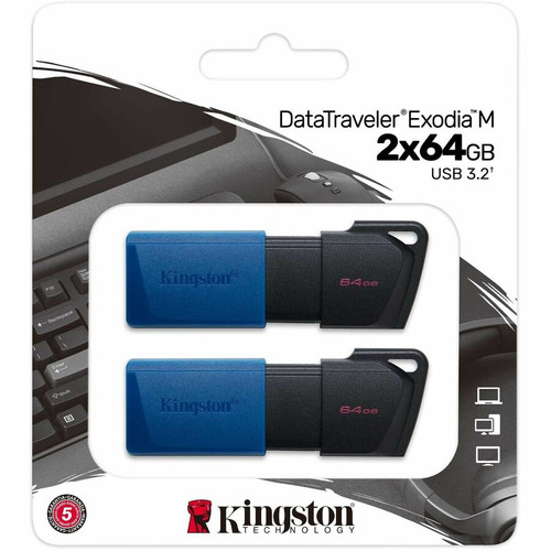 Kingston DataTraveler Exodia M 64GB USB 3.2 (Gen 1) Flash Drive - 64 GB - USB 3.2 (Gen 1) - Black, Blue - 5 Year Warranty - 2 Pack (Fleet Network)