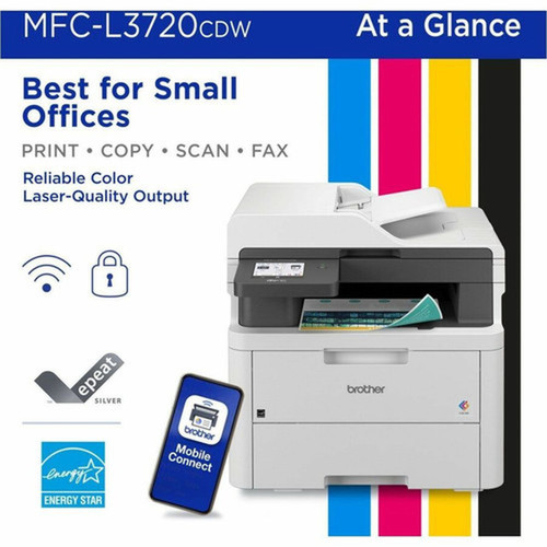 Brother MFC-L3720CDW Wireless Laser Multifunction Printer - Color - CopierFaxPrinterScanner - 19 ppm Mono19 ppm Color Print 2400 MFCL3720CDW